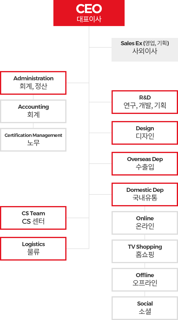 Organization chart image | ceo - sales ex - administration / r&d / design / overseas dep / domestic dep / cs team / logistics