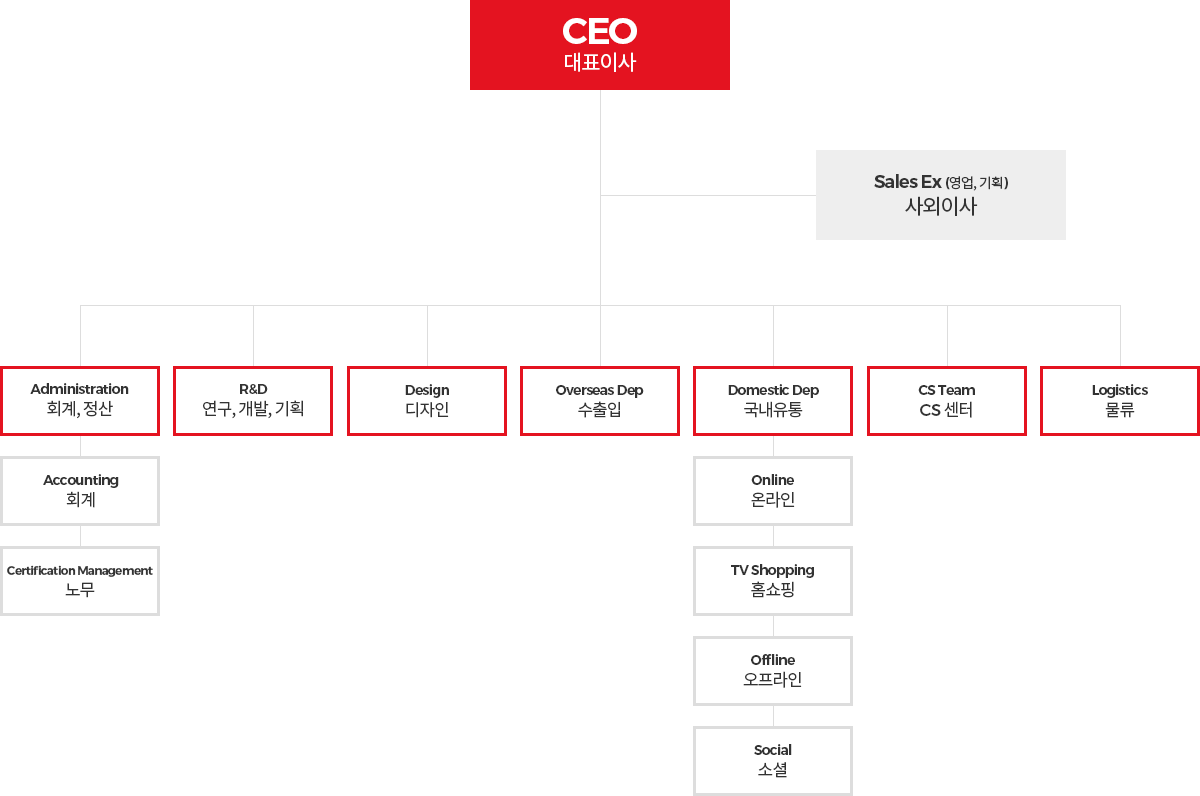 Organization chart image | ceo - sales ex - administration / r&d / design / overseas dep / domestic dep / cs team / logistics